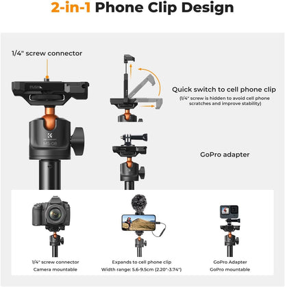 K&F CONCEPT 62'' Phone Selfie Stick Tripod, 2-in-1 Extendable Cell Phone Tripod Stand with Remote, 360° Ball Head Camera Tripod Compatible with DJI Osmo Pocket 4/3 Action 6/5Pro GoPro 13/12 iPhone.