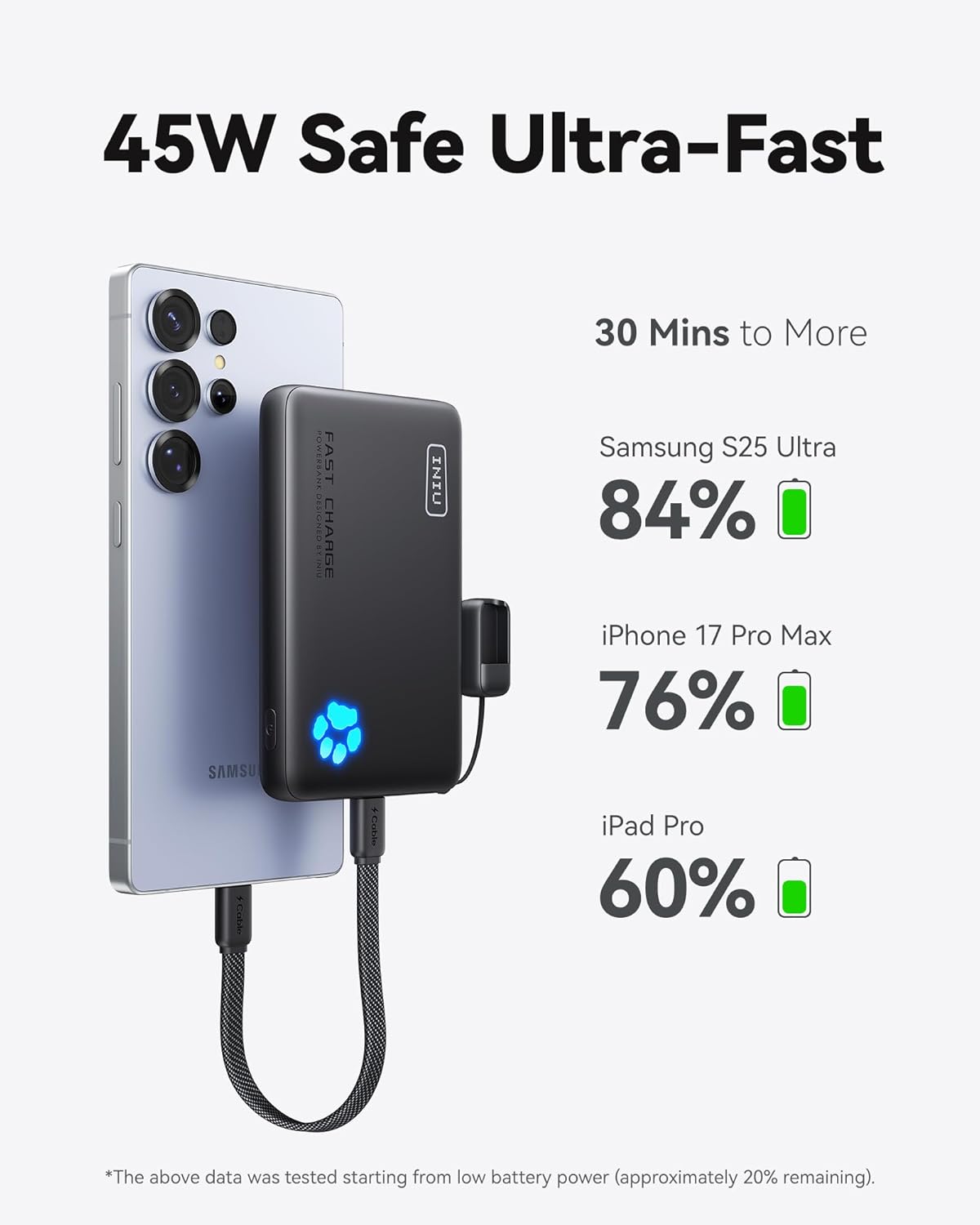 INIU Portable Charger, Ultra Slim 45W Fast Charging with Attached USB C Cable, Flight-Safe 10000mAh PD Power Bank Battery Pack, Travel Essential Phone Powerbank for iPhone 17 16 Samsung S25 Google etc