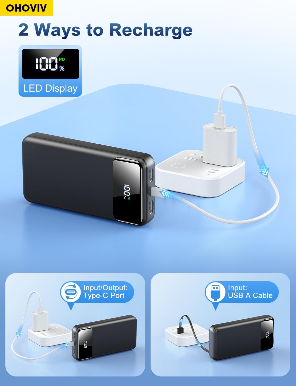 Portable Charger Power Bank 50000mAh Battery Pack, 22.5W Fast Charging PowerBank with Built in Cables,Travel Camping Essential USB-C Portable Phone Charger for iPhone Samsung Pixel Android iPad