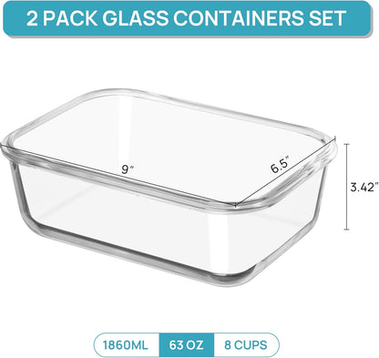 Vtopmart 2Pack 1860ml/63oz Large Glass Storage Containers with Lids, Meal Prep Food Container Set with Snap Airtight Lid for Baking, Microwave, Oven, Leak Proof, for Freezer, Dishwasher, Grey