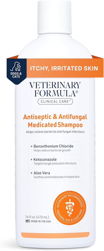 Veterinary Formula Clinical Care Antiseptic and Antifungal Medicated Shampoo for Dogs & Cats, 16 Fl Oz – Helps Alleviate Scaly, Greasy, red Skin – Paraben, Dye, Soap-Free (1 Pack)