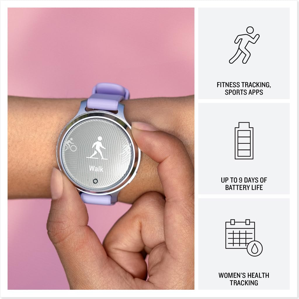 Garmin Lily® 2 Active, Small and Stylish Smartwatch, Built-in GPS, Hidden Display, Patterned Lens, Up to 9 Days Battery Life, Silver with Purple Jasmine Silicone Band