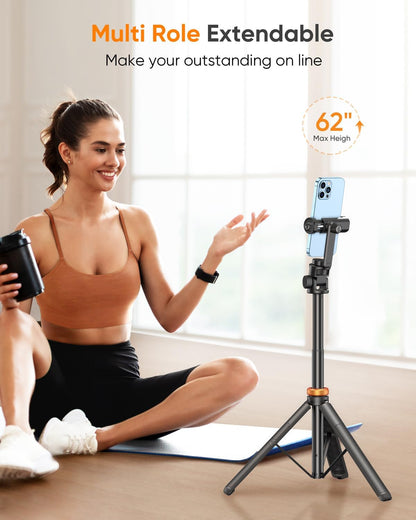 EUCOS 62" Phone Tripod, Tripod for iPhone & Selfie Stick with Remote, Extendable Cell Phone Stand & Ultimate Phone Holder, Solidest Phone Stand Compatible with iPhone/Android
