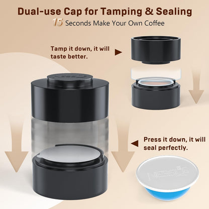Nessus Reusable Kit for Nespresso Vertuo, Reusable Aluminum Foil Seal Lid, Holder, Brush, 100 Pcs Food-Grade Capsules for Vertuo Plus Next