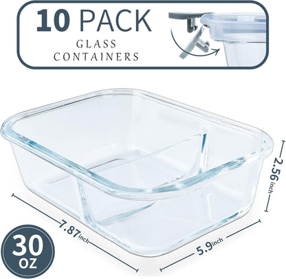 KOMUEE 10 Packs 30oz Glass Meal Prep Containers 2 Compartments,Glass Food Storage Containers with Lids,Airtight Lunch Bento Boxes,Microwave,Oven,Freezer and Dishwasher Safe