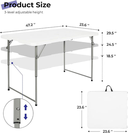 Folding Table 4 Foot Portable Heavy Duty Plastic Fold-in-Half Utility Table Small Indoor Outdoor Adjustable Height Folding with Carrying Handle, Camping and Party,White