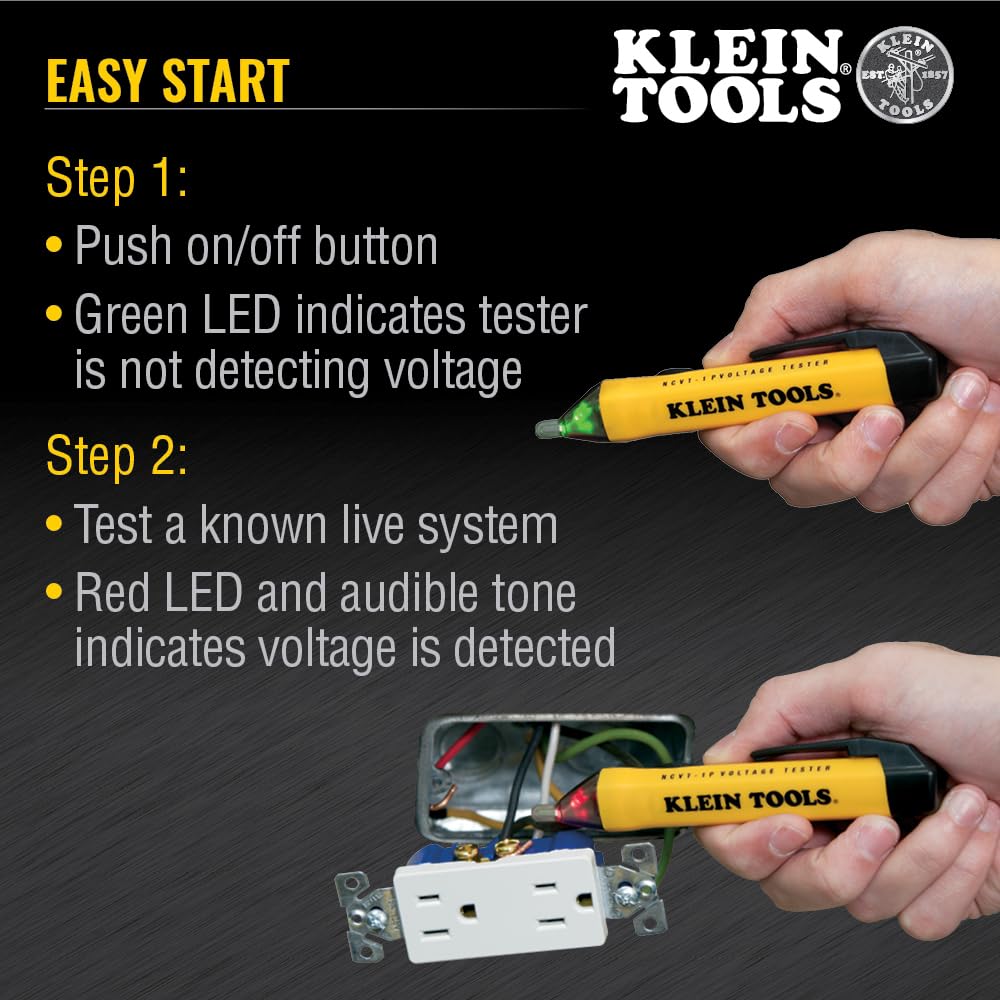 Klein Tools NCVT1P Voltage Tester, Non-Contact Low Voltage Tester Pen, 50V to 1000V AC, Audible and Flashing LED Alarms, Pocket Clip