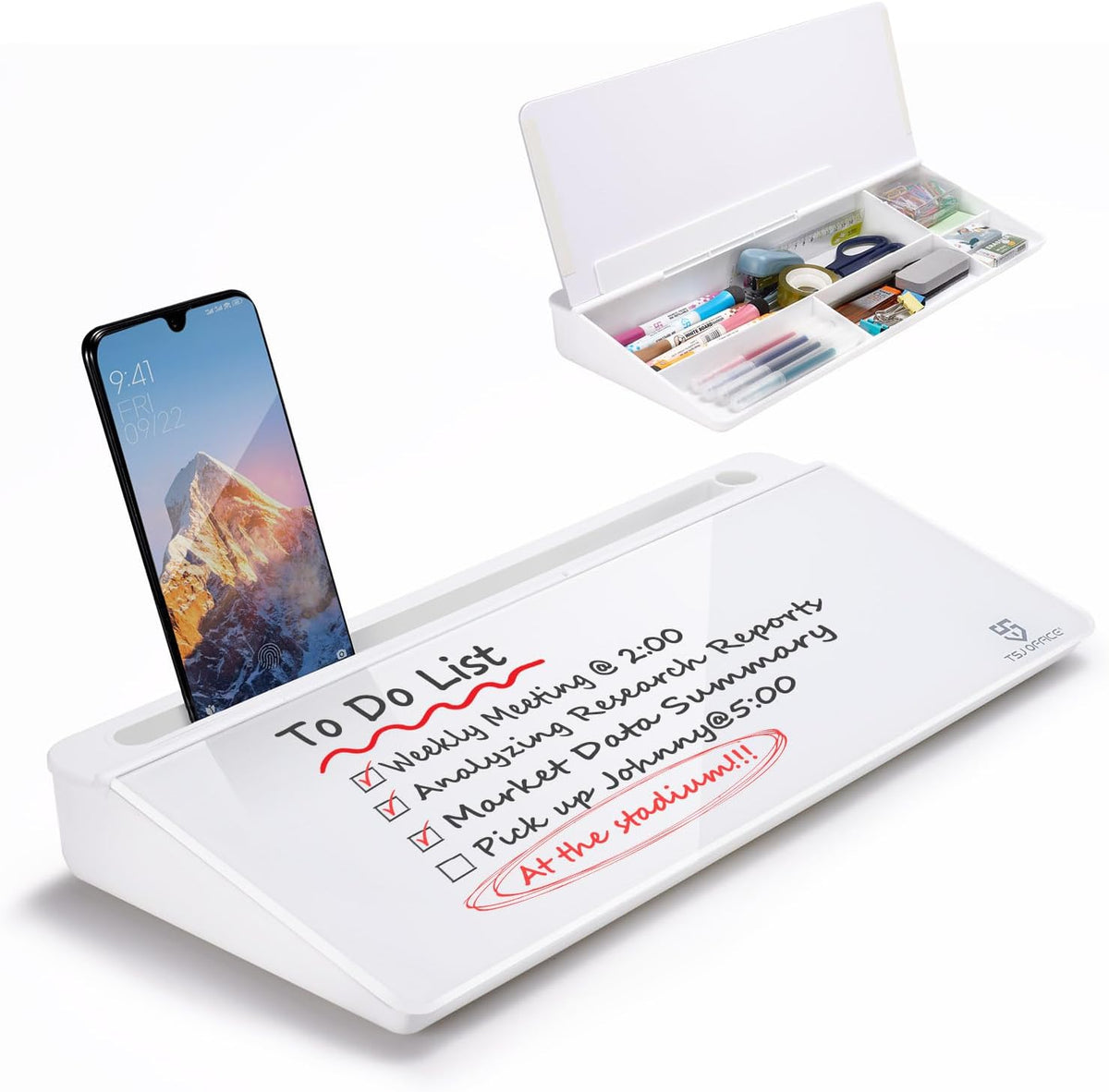 TSJ OFFICE Small Desktop Whiteboard -Glass Dry Erase Board Computer Keyboard Stand White Board Surface Pad with Drawer, Desk Organizers with Accessories for Office, Home, School Supplies