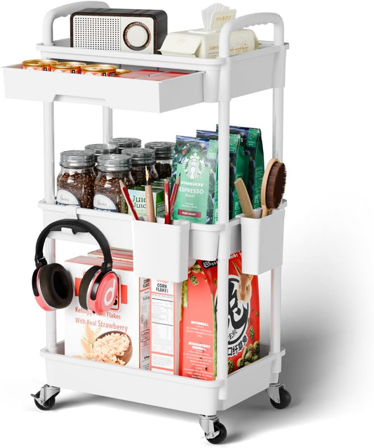 Sorgion 3 Tier Rolling Cart Organizer,Laundry Room Bathroom Organizers and Storage Office Shelves Mobile Shelving Unit Kitchen Trolley Cart with Wheels for Art,Craft,Diaper,Bedside,Snack(White)