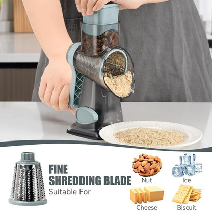 KEOUKE Rotary Cheese Grater Hand Crank Transparent - Shredder Slicer Grinder 3 Stainless Steel Blades, Stable Suction, Labor-Saving Handle, Safe Kitchen Tool for Cheese, Vegetable, Nuts, Chocolate