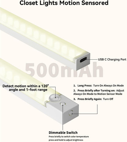 Under Cabinet Lighting 8 Inches Rechargeable Motion Sensor Light Indoor, 3 Color Dimmable Closet Light Battery Operated, USB Stick on LED Magnetic Under Counter Lights for Kitchen Stair, 3 Packs