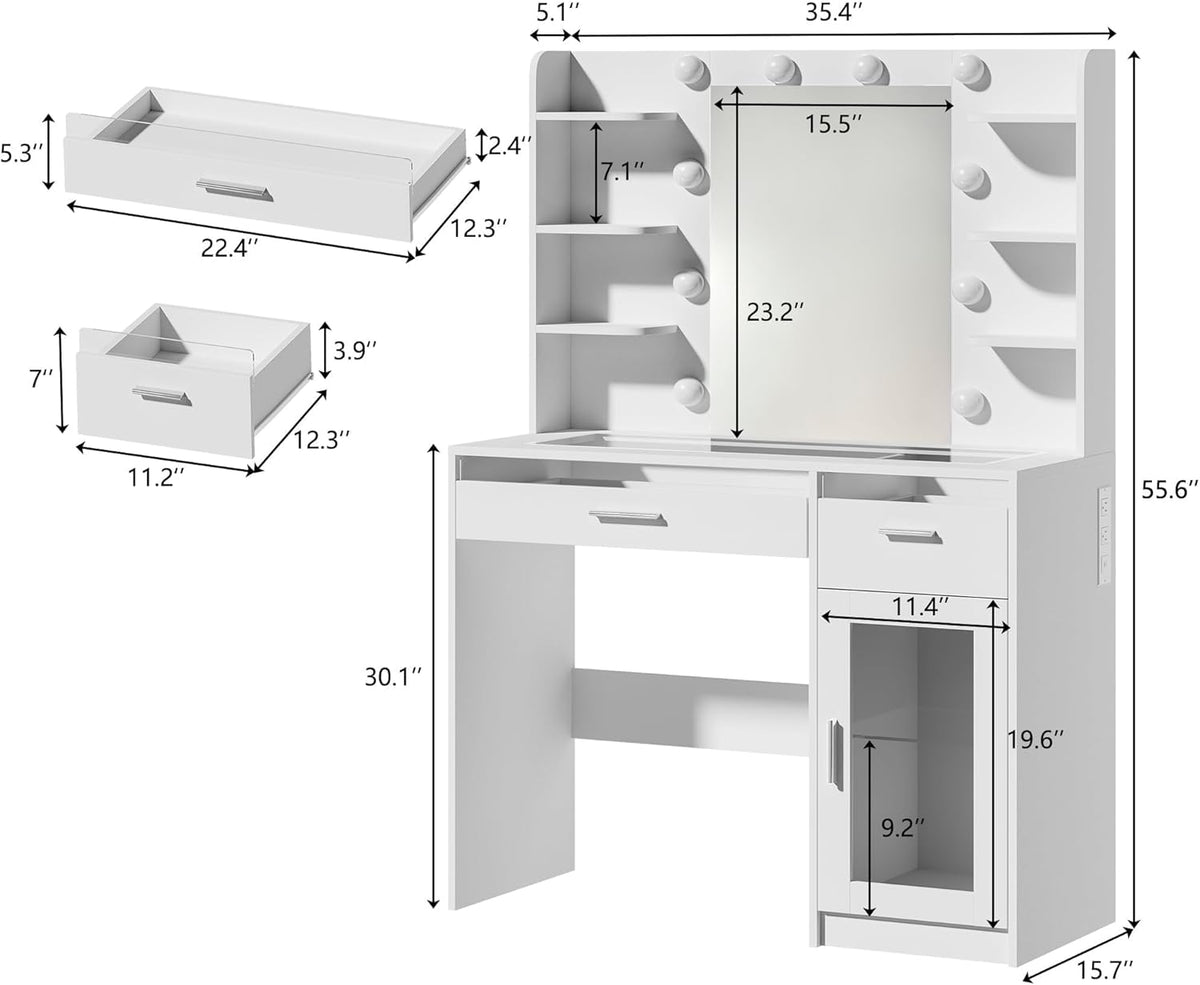 Vanity Desk with Mirror and Lights, Makeup Vanity Desk with Lights 3 Colors, Transparent Top Vanity with 2 RGB Drawers, 6 Shelves, Large Tempered Cabinet, Power Outlet, for Bedroom, White