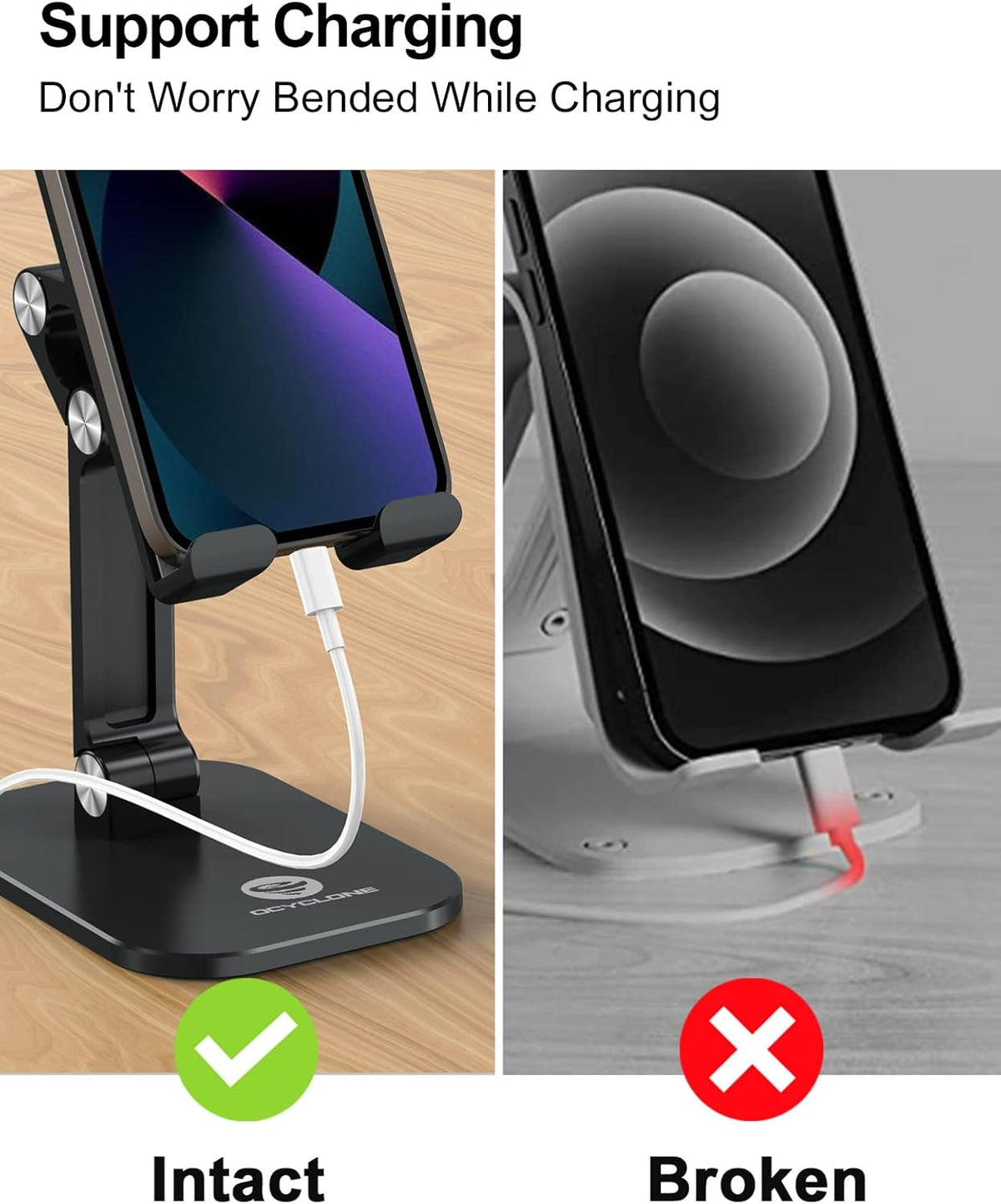 OCYCLONE Phone Stand, Adjustable Height and Angle Foldable Cell Phone Stand Holder for Desk, Taller iPhone Stand Compatible with 4.7"-13" Smartphones iPad Tablet, Black