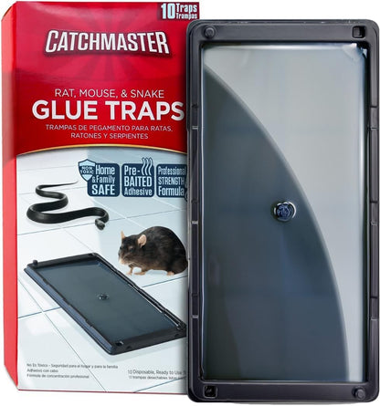 Catchmaster Rat, Snake and Mouse Traps 10Pk, Large Bulk Glue Rat Traps for Home, Adhesive Plastic Tray for Inside House, Snake, Mice, & Spider Catcher, Pest Control for House & Garage