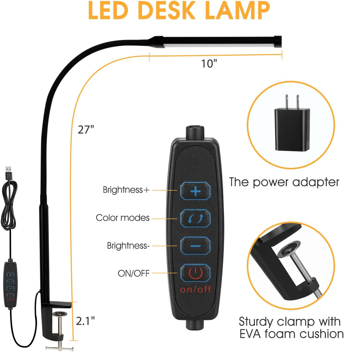 LED Desk Lamp with Clamp, Eye-Caring Clip on Lights for Home Office, 3 Modes 10 Brightness, Long Flexible Goose-Neck, Metal, Swing Arm Architect Task Table Lamps with USB Adapter, Black