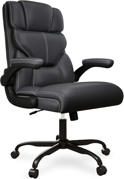 Executive Office Chair with Flip-up Armrests,Ergonomic Computer Desk Chairs,Mid-Tall Back Leather Office Chair 400 Lbs,Lumbar Support Swivel PC Chair with Rocking Function