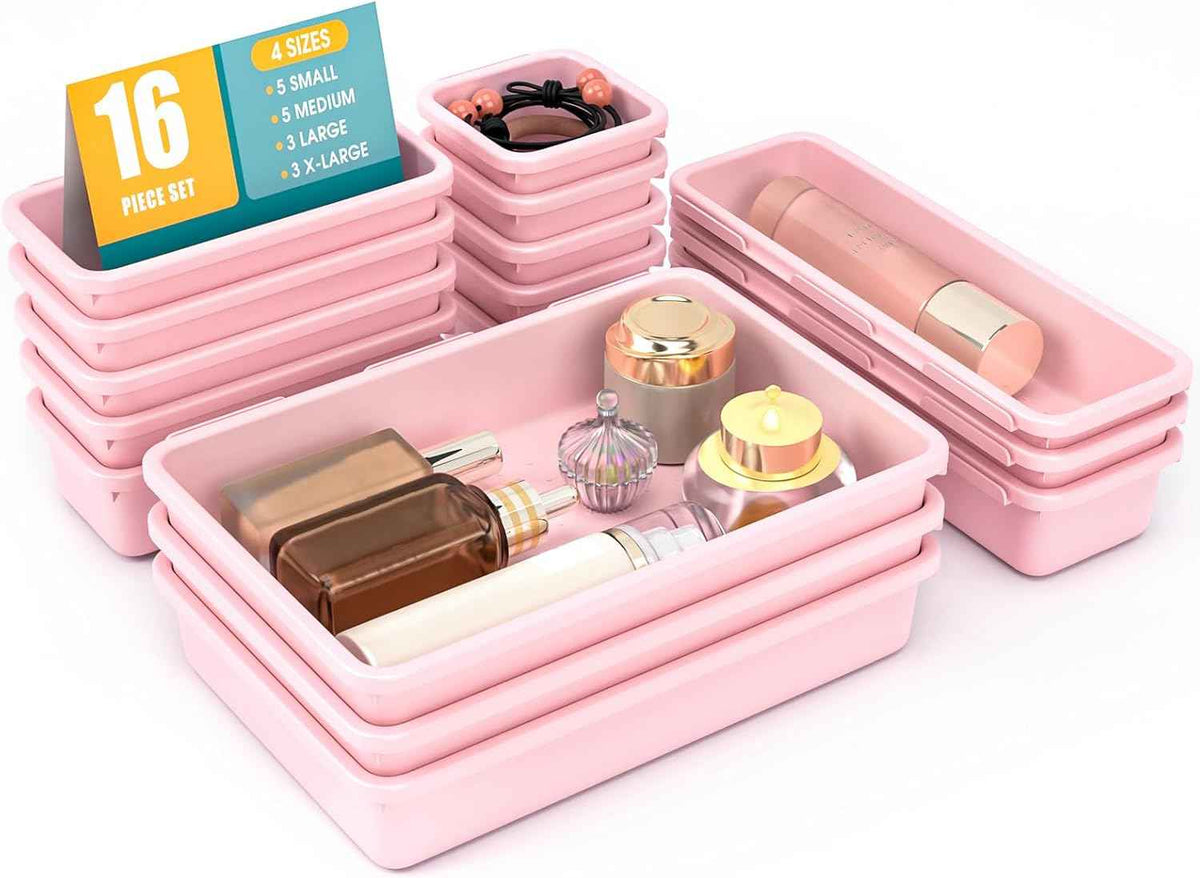 10 PCS Drawer Organizer Set, 4 Size Makeup Drawer Divider Organizer With Non-Slip Pads, Interlocking Plastic Storage Bins for Office,Jewelry Vanity,Gadgets, Bathroom,Kitchen, Black