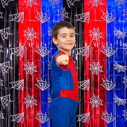 Bupelo Spider Web Birthday Decorations, 2 Pack Spider Party Supplies 3.3x6.6ft Tinsel Foil Fringe Curtains, Red Black, and Blue Photo Booth Prop Backdrop Streamer, Birthday Decor, Party Decor for Boys