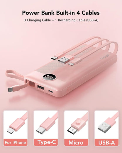 VRURC Portable Charger Power Bank, 10000mAh Travel Essentials Battery Pack, 5 Outputs 2 Inputs Slim Charging Bank Built-in Cables Cords Wires Compatible with iPhone,Samsung,Android-Pink(1 Pack)