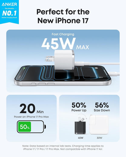 Anker Nano 45W Type C Charger Fast Charging, Compact and Foldable Plug USB C Charger Block for iPhone 17/16 Series, MacBook, Pixel 9, iPad, Samsung Galaxy S25 Ultra / S24 Series (6 ft Cable Included)