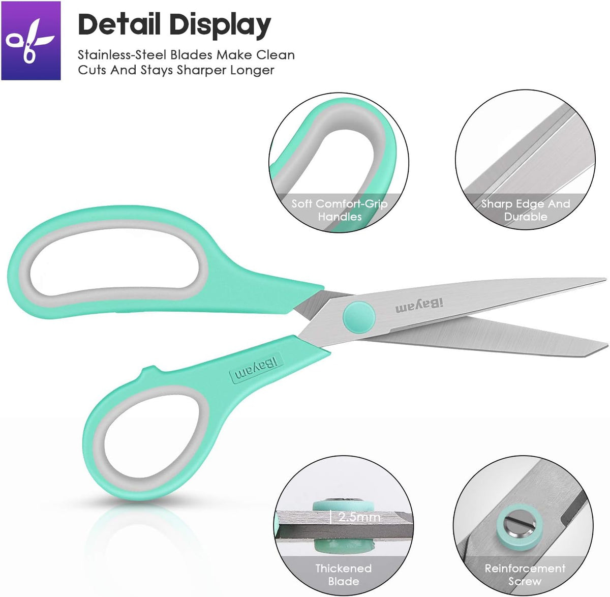 Scissors, iBayam 8" All Purpose Scissors Bulk 3-Pack, Ultra Sharp 2.5mm Thick Blade Shears Comfort-Grip for Office Desk Accessories Sewing Fabric Home Craft Teacher School Supplies, Right/Left Handed