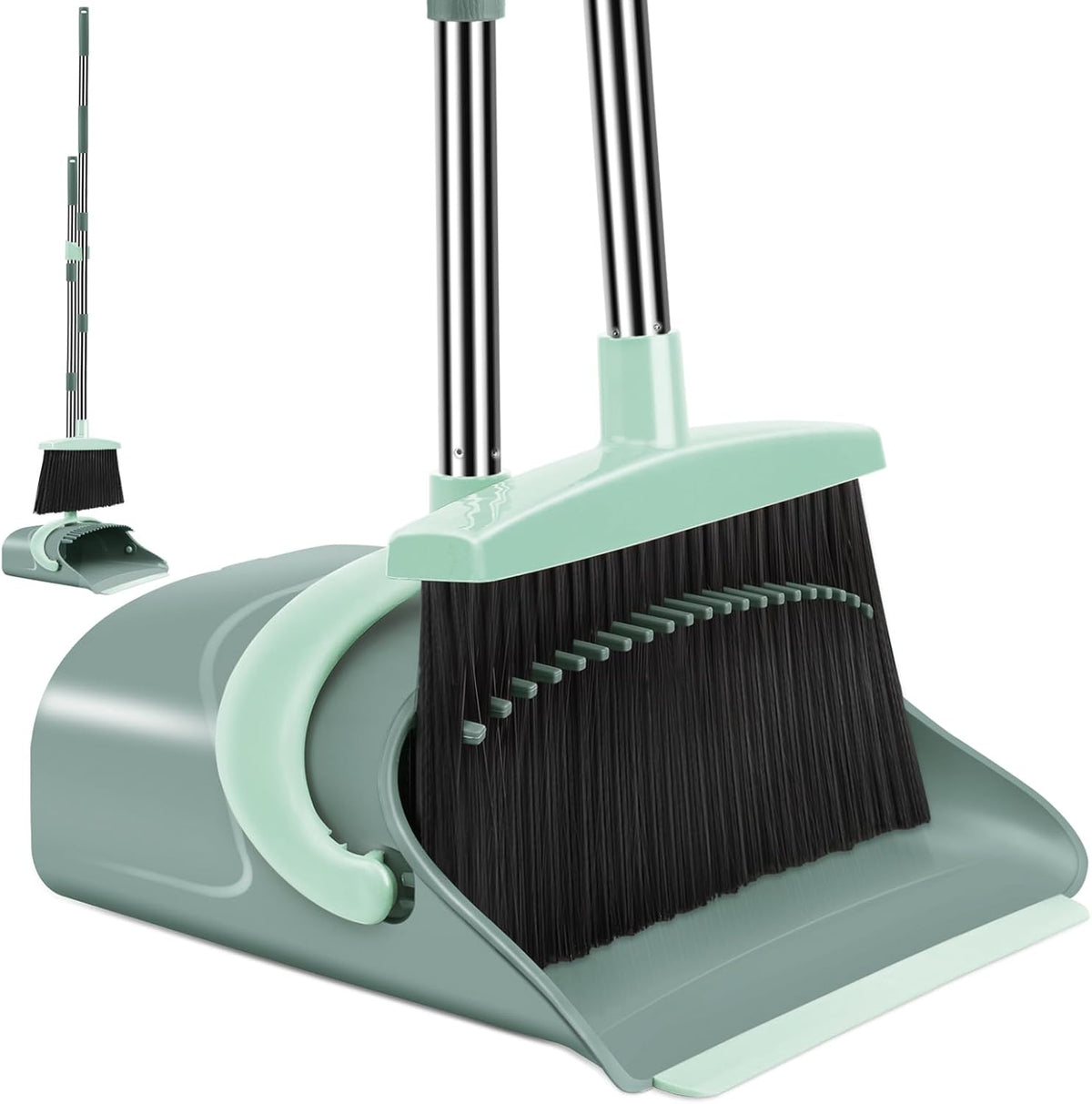 Broom and Dustpan Set for Home, Dust pan with Long Handle, Broom with Dustpan Combo Set, for Home Kitchen Room Office Lobby Floor Use Upright Stand Up Sweeping (Gray&Green)
