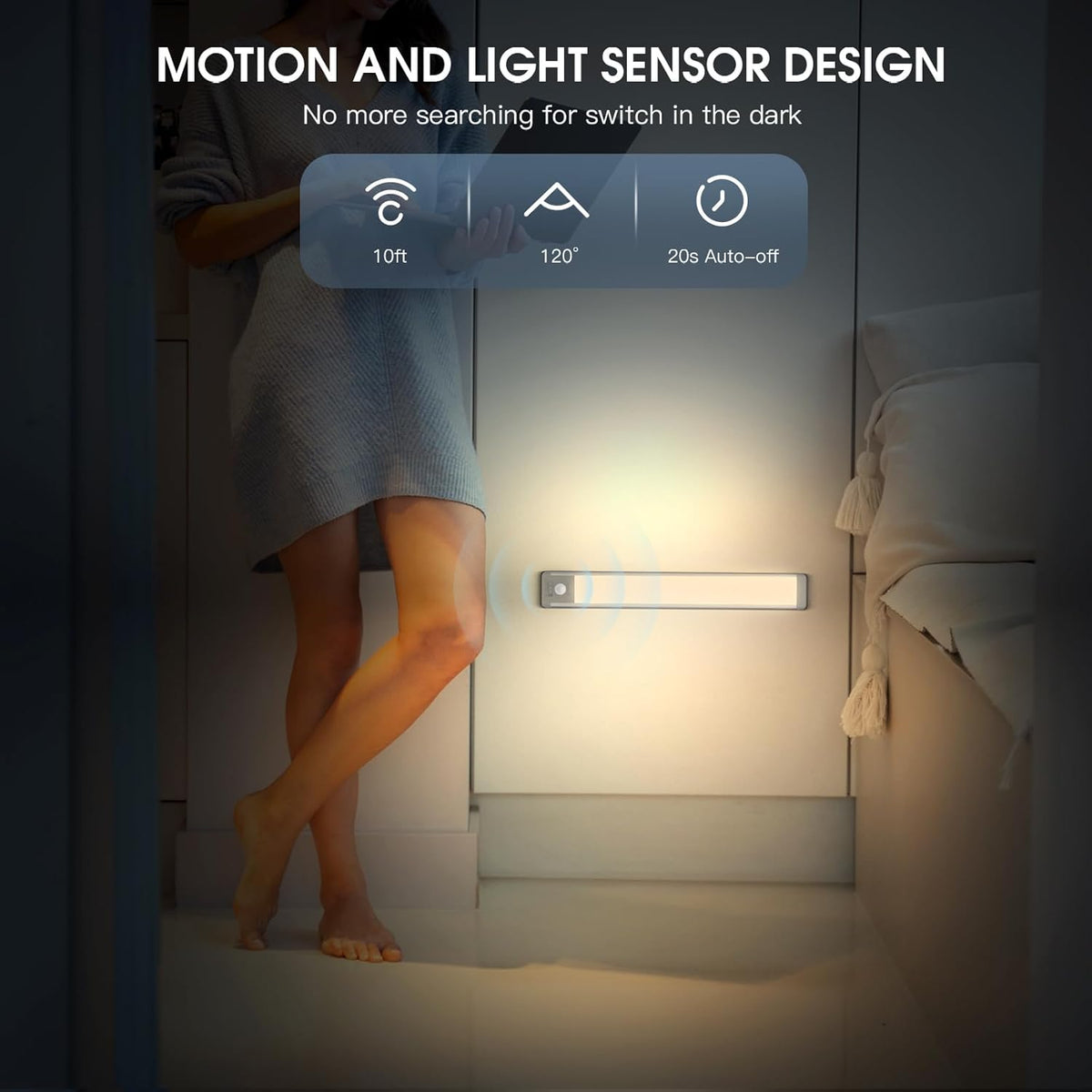 14.7inch Under Cabinet Lighting, 2 Pack Rechargeable Motion Sensor Light Indoor, 5 Levels Dimmable Magnetic Closet Lights, Wireless Under Counter Lights for Kitchen, Stairs,Hallway
