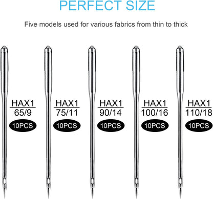 Sewing Machine Needles, 50 PCS Universal Sewing Machine Needle, Compatible with Singer, Brother, Janome, Varmax, Sizes HAX1 65/9, 75/11, 90/14, 100/16, 110/18 (50 PCS)