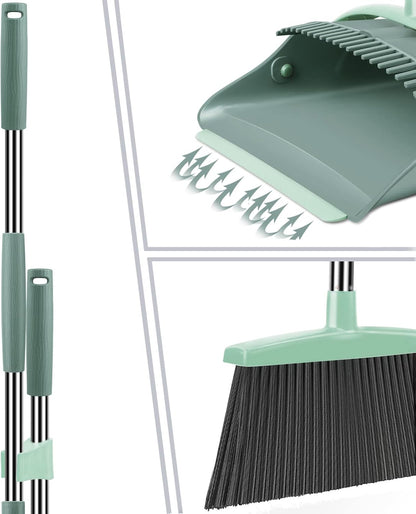 Broom and Dustpan Set for Home, Dust pan with Long Handle, Broom with Dustpan Combo Set, for Home Kitchen Room Office Lobby Floor Use Upright Stand Up Sweeping (Gray&Green)