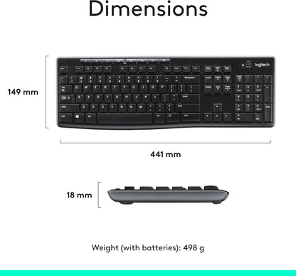 Logitech MK270 Wireless Keyboard and Mouse Combo for Windows, 2.4 GHz, 8 Multimedia Keys, PC, Laptop, Wireless Keyboard Compact Mouse Combo - Black