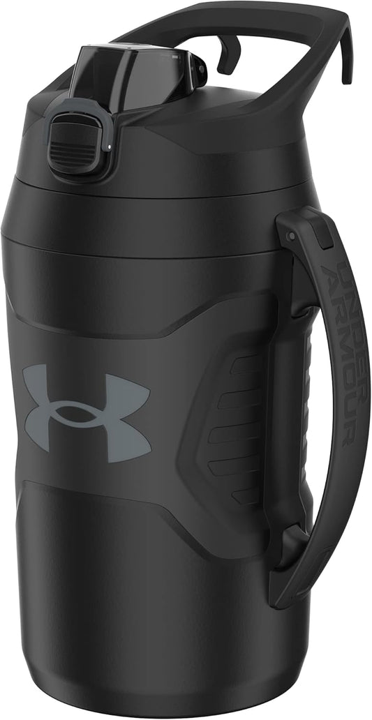 Under Armour Half Gallon Water Bottle Insulated, 64oz Insulated Water Bottle with Handle, Fence Hook, Leak Resistant, for Baseball, Football & More, Black/Black