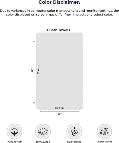 Tens Towels Pack of 4 Extra Large Bath Towels 30 x 60 Inches, 100% Cotton, Larger & Lighter Weight, Quicker to Dry, Super Soft and Absorbent, Perfect for Bathroom, Dark Grey