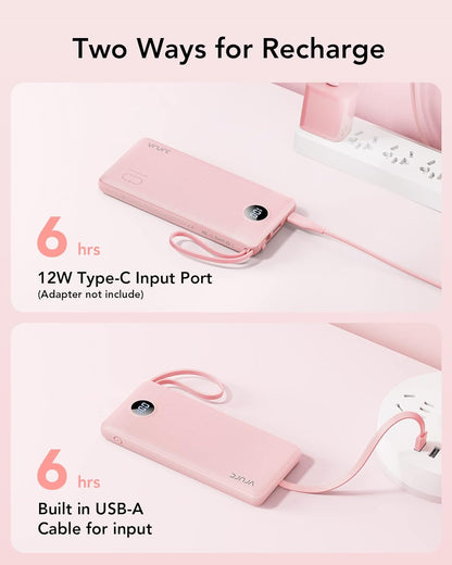VRURC Portable Charger Power Bank, 10000mAh Travel Essentials Battery Pack, 5 Outputs 2 Inputs Slim Charging Bank Built-in Cables Cords Wires Compatible with iPhone,Samsung,Android-Pink(1 Pack)