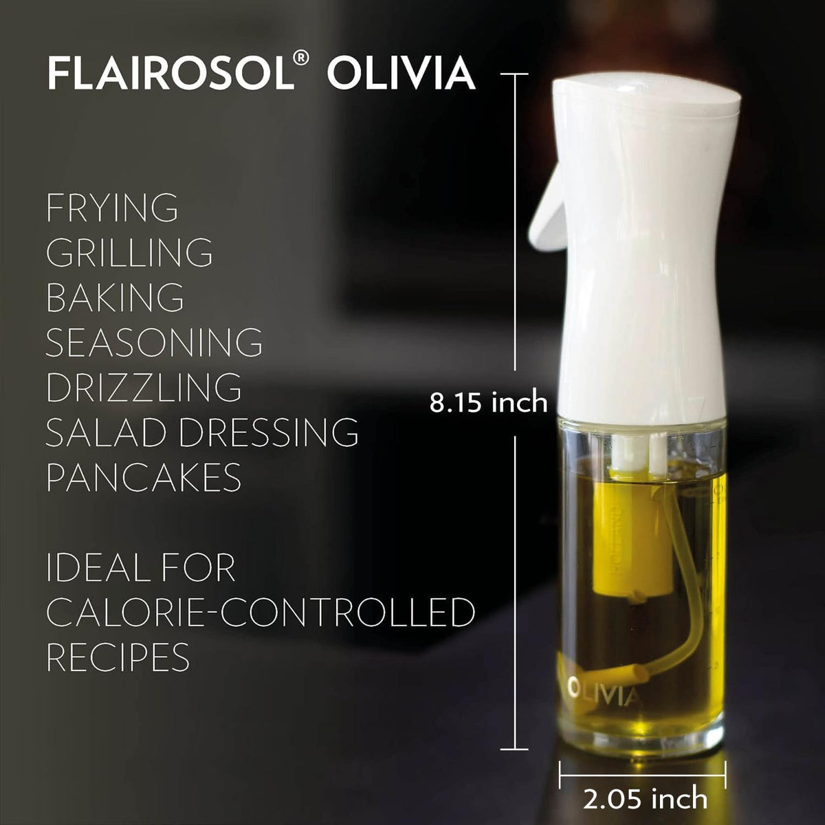 FLAIROSOL OLIVIA. The Original Advanced Oil Sprayer for Cooking, Salads, BBQs and More, Continuous Spray with Portion Control, Trusted by Chefs. Patented Technology. (Glass Bottle) (Gold Print)