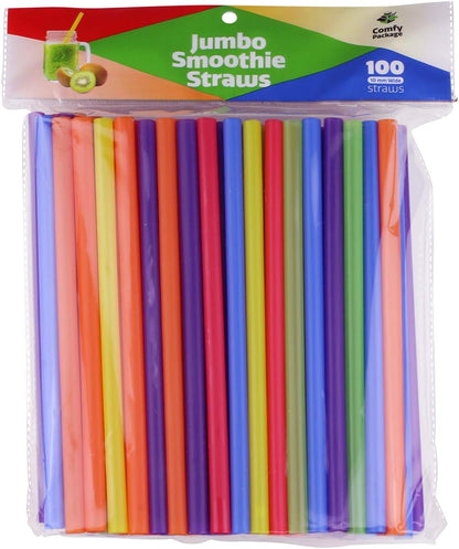 Comfy Package, [100 Count] Jumbo Plastic Smoothie Straws - 8.5" High - Assorted Colors