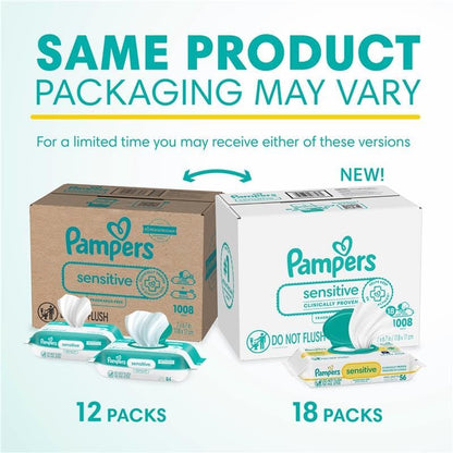 Pampers Sensitive Baby Wipes, Water Based, Hypoallergenic and Unscented, 18 Flip-Top Packs (1008 Wipes Total) [Packaging May Vary]