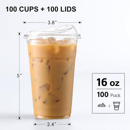 AOZITA 100 Pack - Clear 16 Oz Plastic Cups With Lids, Disposable Iced Coffee Cups With Lids for Party Drinks, Bubble Tea and Cold Beverage, BPA Free & Food Safe