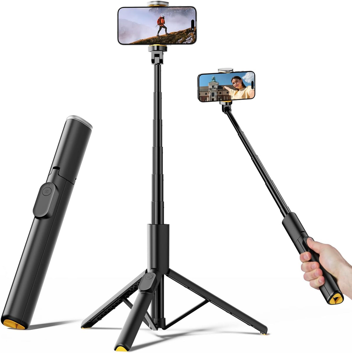 TODI Selfie Stick Tripod for iPhone, 60" Lightweight Phone Tripod Stand with Wireless Remote, Extendable Selfie Stick for iPhone, All-in-1, Compatible with iPhone/Android