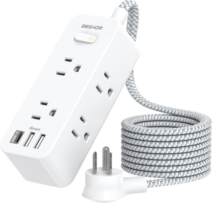 Power Strip Surge Protector, BESHON 5Ft Extension Cord, 6 Outlets with 4 USB Ports (2 USB C Outlet), 3-Side Outlet Extender, Wall Mount, Compact for Travel, Home, School, College Dorm Room and Office
