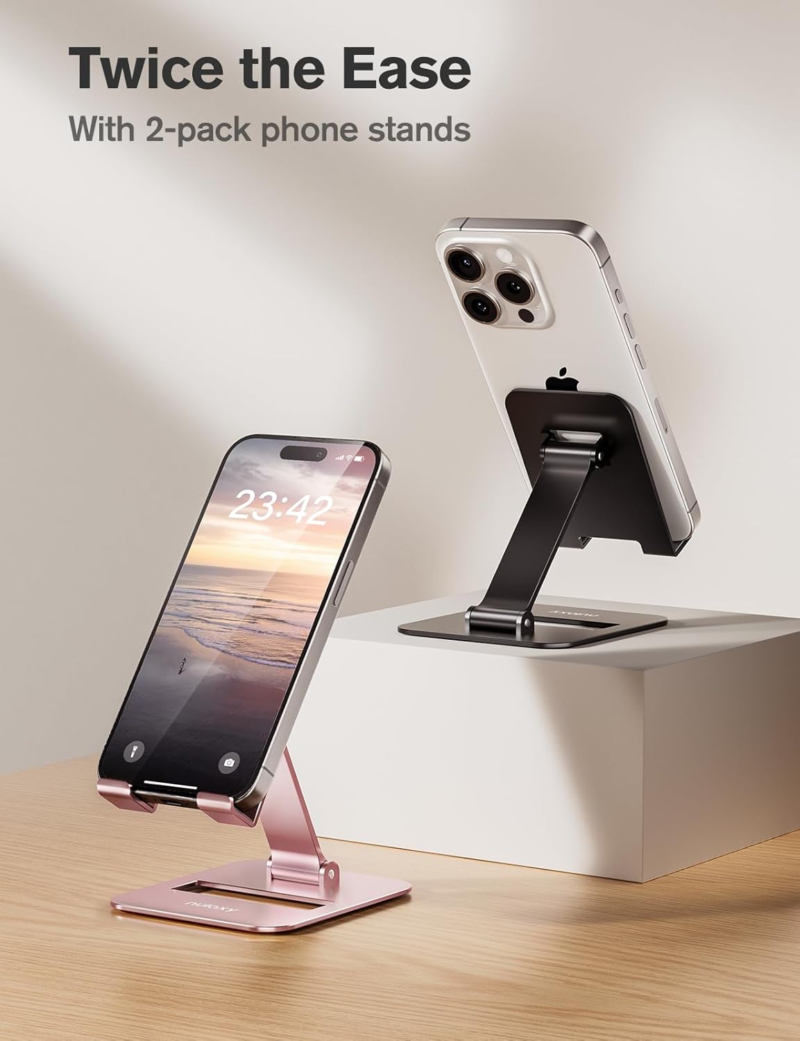 Nulaxy 2 Pack Dual Folding Cell Phone Stand, Fully Adjustable Phone Holder for Desk, Compatible with iPhone 17 16 15 14 13 12 11, Nintendo Switch, All Phones, Black & Rose Gold