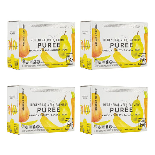 White Leaf Organic Purees / Baby Food Pouches - Fruits, Veggies & Grains, Toddler snack, Regeneratively Farmed, No Added Sugar, Non-GMO, BPA-Free Pouches 3.17 oz (Pack of 24, Mango + Carrot + Banana + Pear)