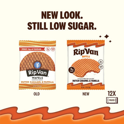 Rip Van Wafels Dutch Caramel & Vanilla Stroopwafels, Healthy Snacks, Non-GMO, Low Calorie, Low Sugar (3g), Office Snacks, Keto Friendly, 12 Count