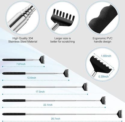 3 Pack Different Back Scratcher Metal Portable Telescoping with Rubber Handles, Extendable Back Massager Tool with Beautiful Box, Stocking Stuffers for Men Women Kids Adults (Black)