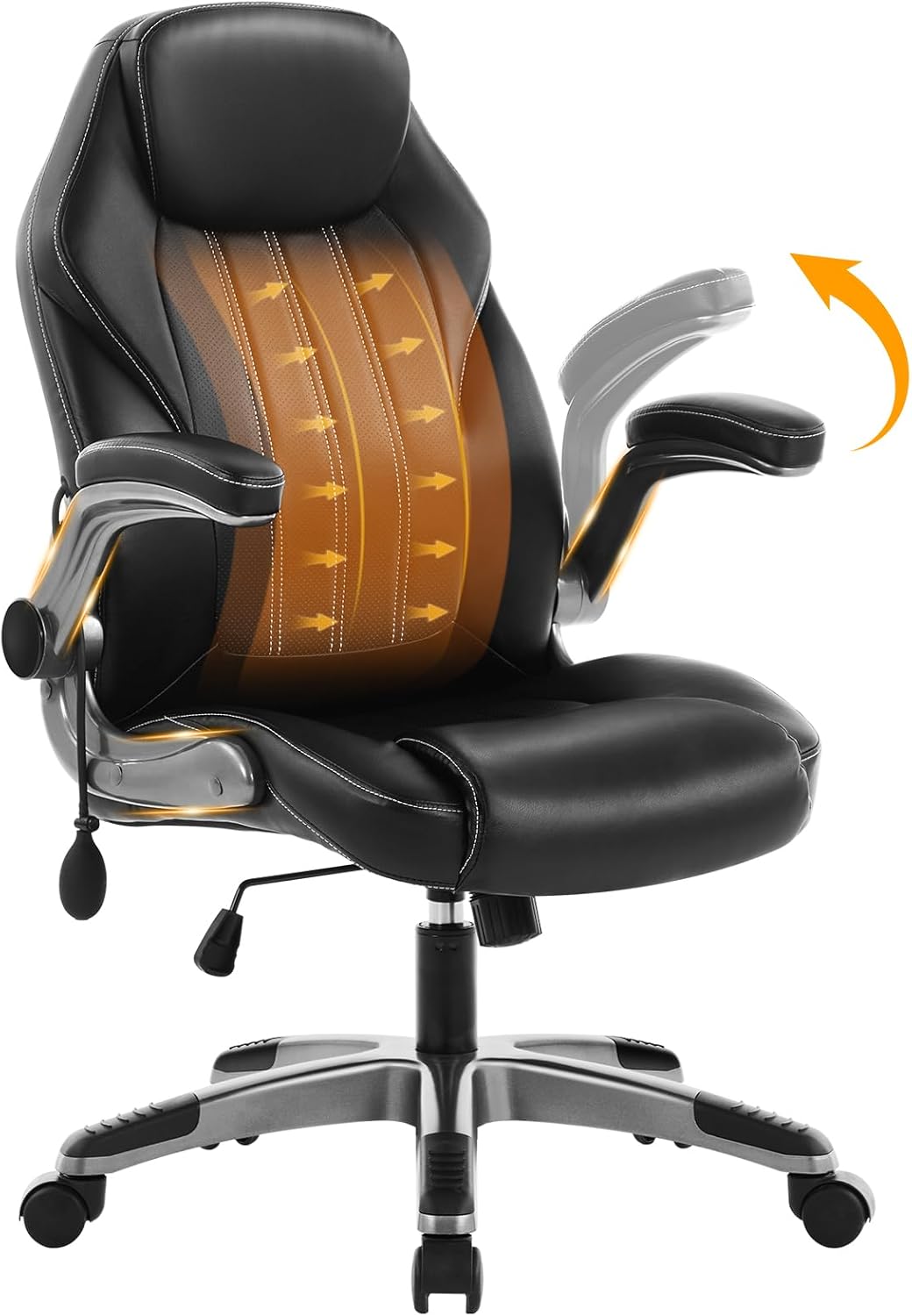 Office Desk Chair, Ergonomic Computer Chair with Padded Flip-Up Arms and Adjustable Lumbar Support, PU Leather Executive Chair with Tilt Lock and 360° Swivel Rolling Wheels for Work, Study