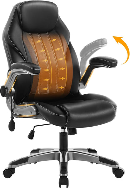 Office Desk Chair, Ergonomic Computer Chair with Padded Flip-Up Arms and Adjustable Lumbar Support, PU Leather Executive Chair with Tilt Lock and 360° Swivel Rolling Wheels for Work, Study