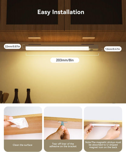 Under Cabinet Lighting 8 Inches Rechargeable Motion Sensor Light Indoor, 3 Color Dimmable Closet Light Battery Operated, USB Stick on LED Magnetic Under Counter Lights for Kitchen Stair, 3 Packs