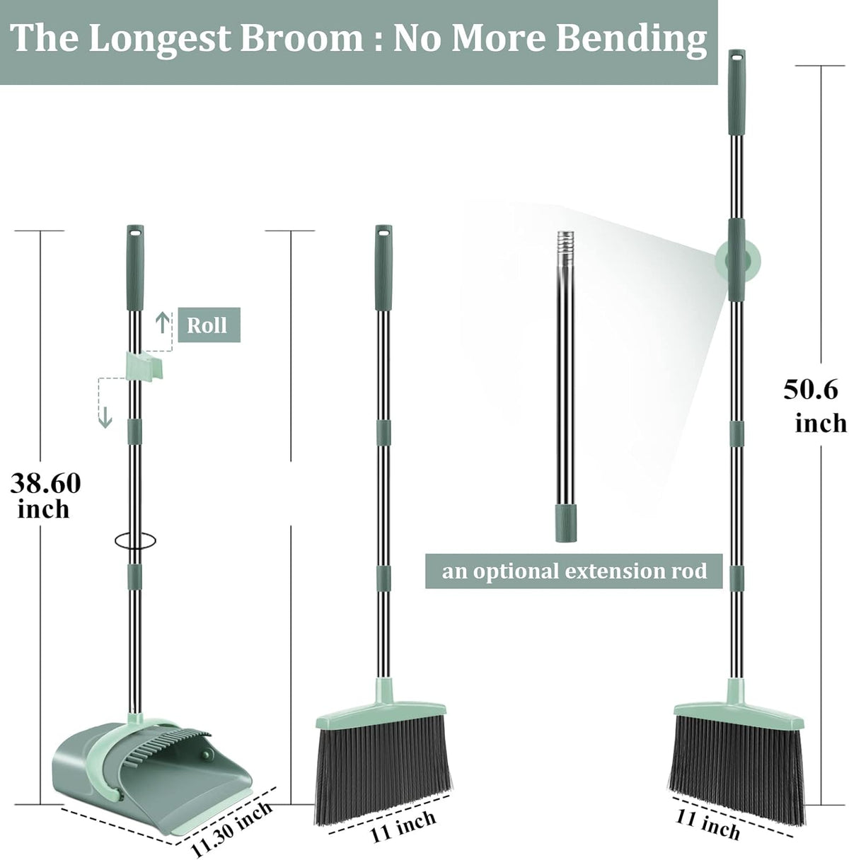 Broom and Dustpan Set for Home, Dust pan with Long Handle, Broom with Dustpan Combo Set, for Home Kitchen Room Office Lobby Floor Use Upright Stand Up Sweeping (Gray&Green)