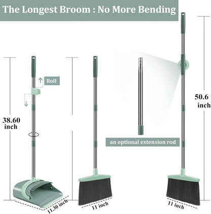 Broom and Dustpan Set for Home, Dust pan with Long Handle, Broom with Dustpan Combo Set, for Home Kitchen Room Office Lobby Floor Use Upright Stand Up Sweeping (Gray&Green)