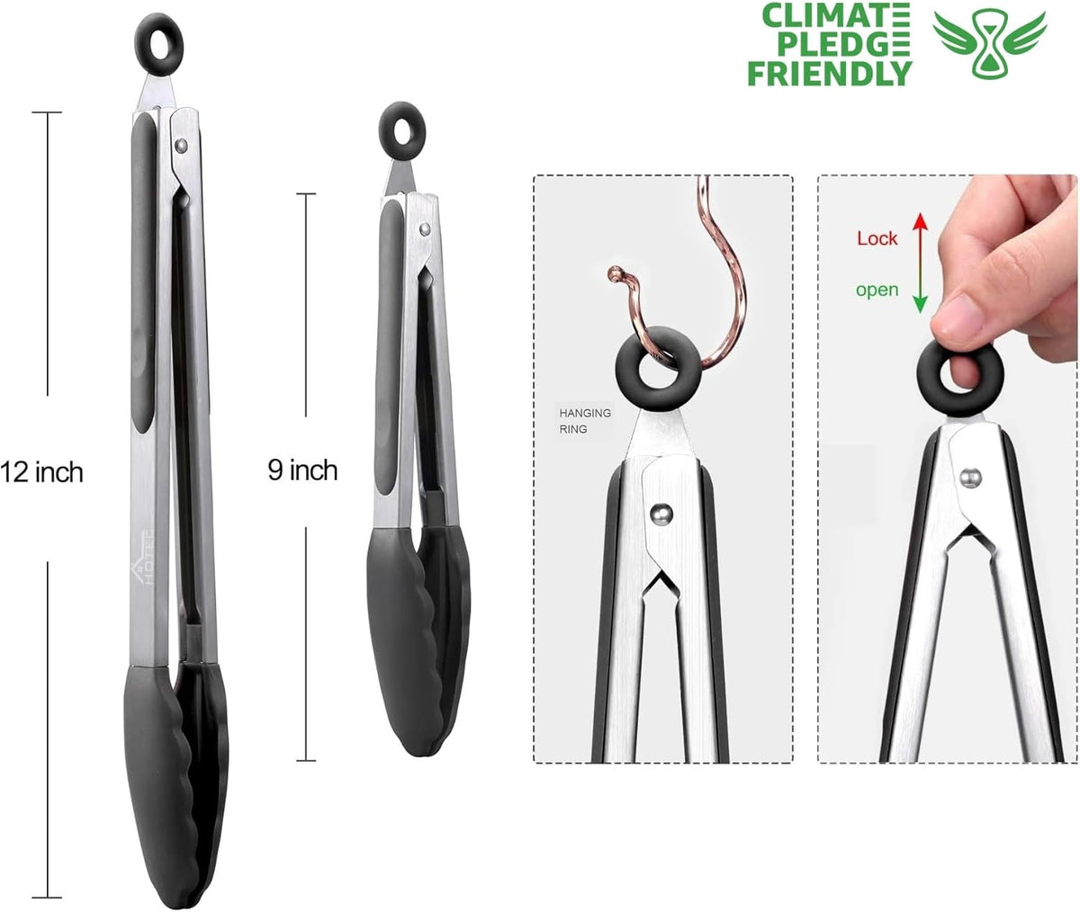 HOTEC Premium Stainless Steel Locking Kitchen Tongs with Silicon Tips, Set of 2-9" and 12"