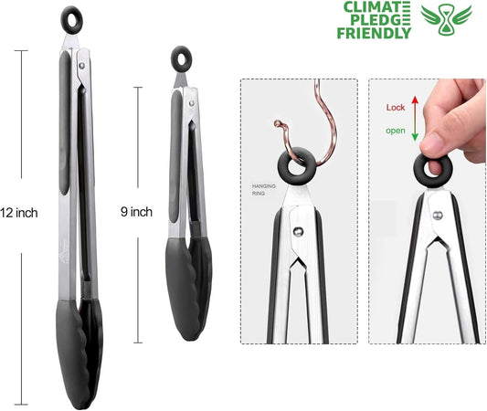 HOTEC Premium Stainless Steel Locking Kitchen Tongs with Silicon Tips, Set of 2-9" and 12"